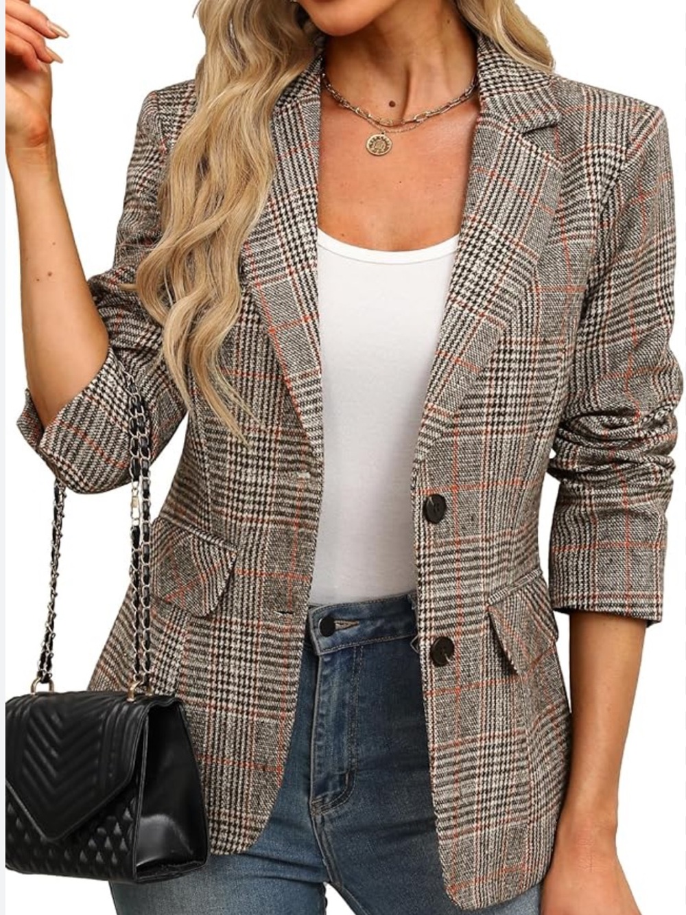 ELLEVEN Women's Lapel Collar Plaid 2 Button Boyfriend Blazer NWT